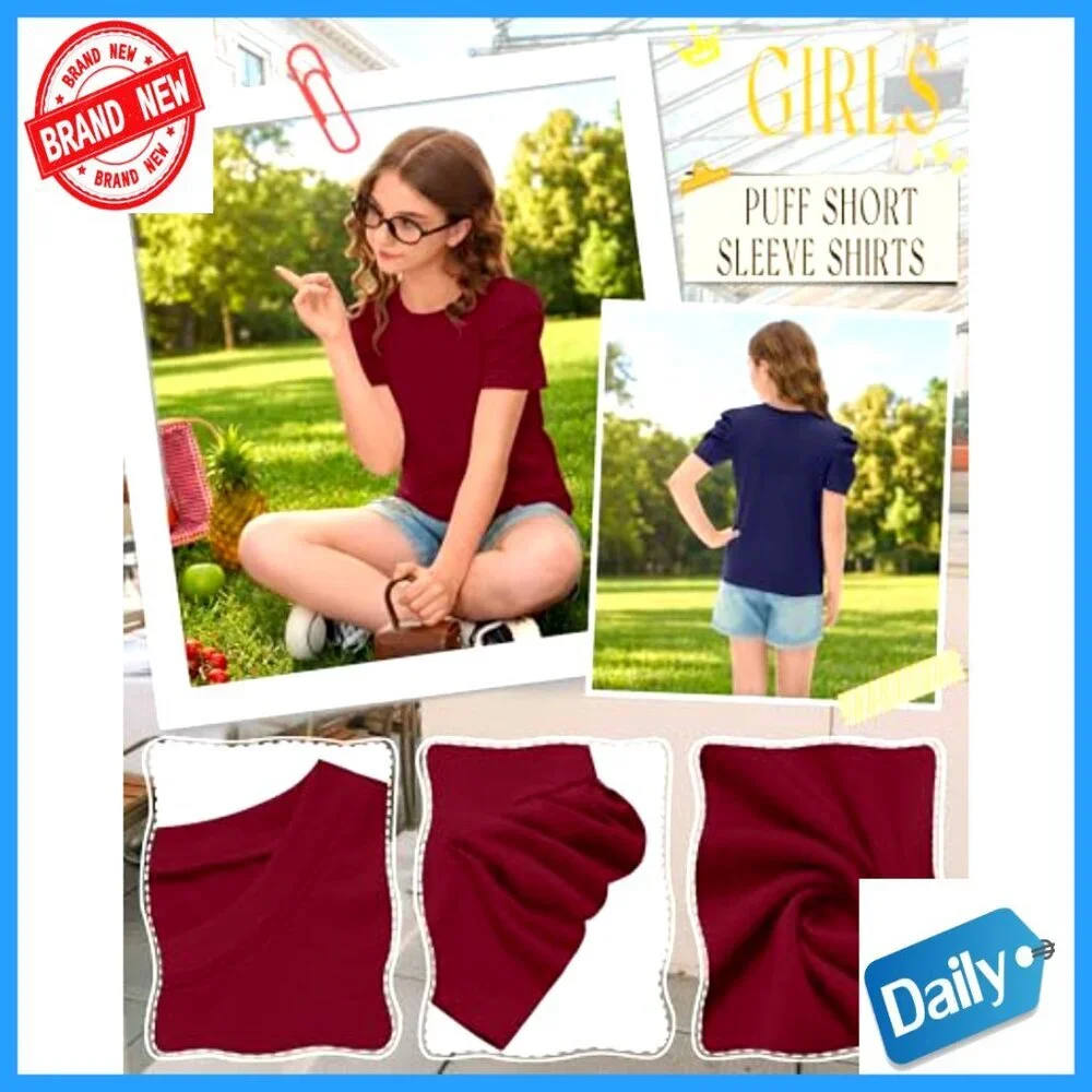 Girls Puff Sleeve Short Sleeve Tees 3 Pack Sizes 5-14 Years Summer Tops